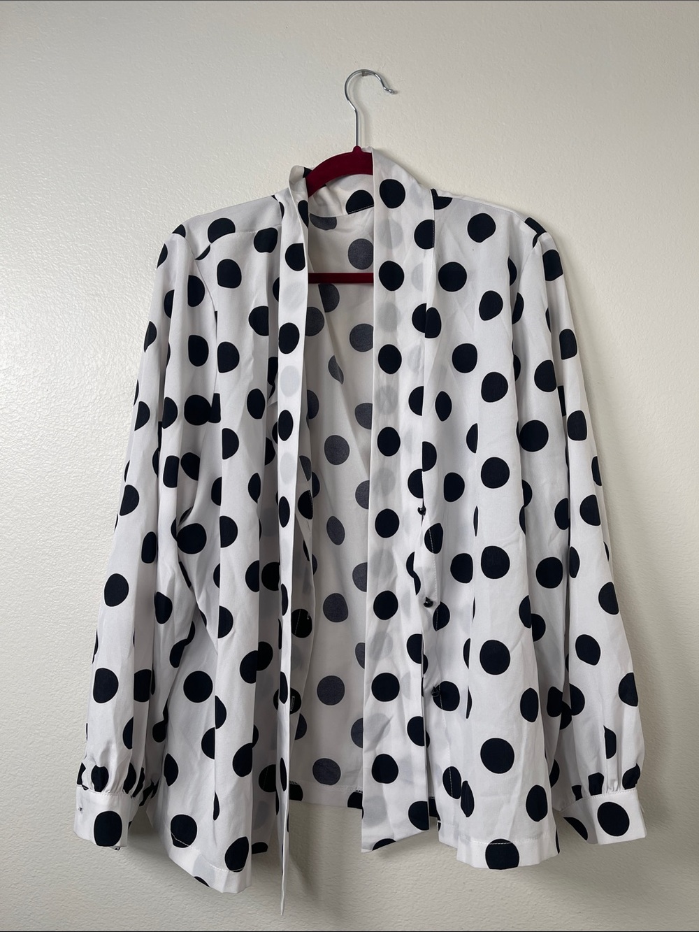 Polka Dot Tie-Neck Blouse - White & Black